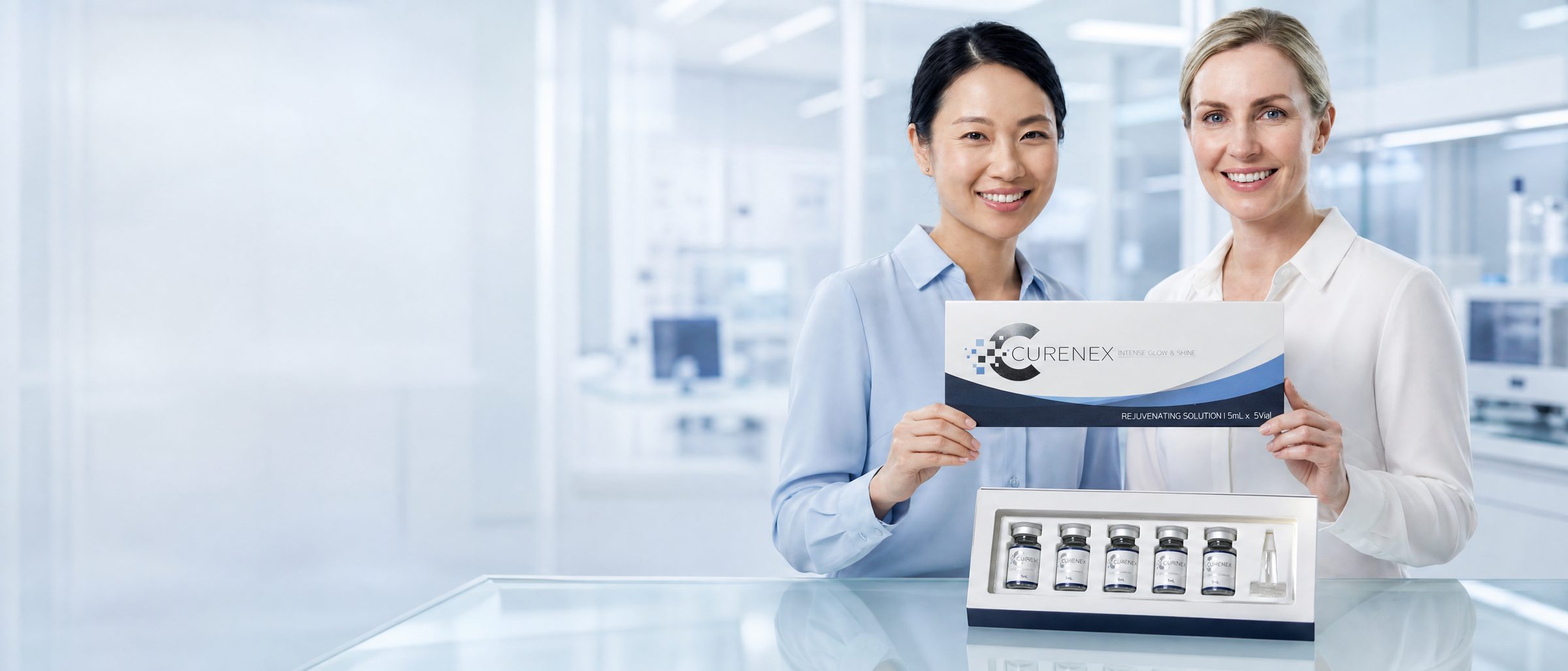 Two skincare specialists in a bright laboratory holding a genuine CureNex Intense Glow and Shine box